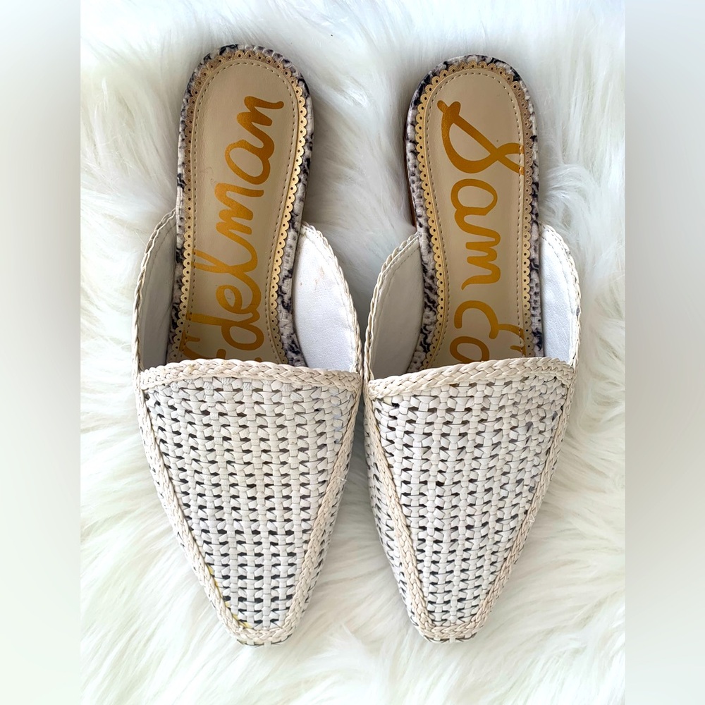 Sam Edelman Women's Cream Woven Leather Slip On Mules Flats Size 9M